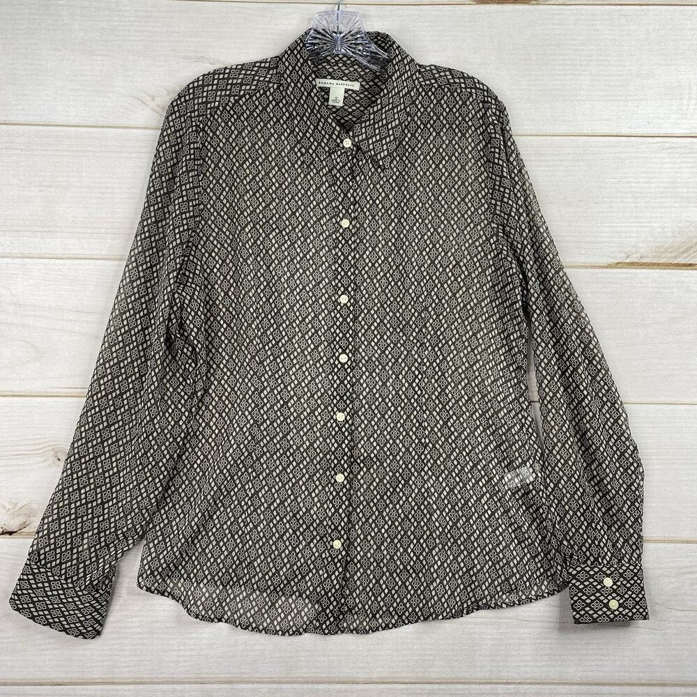 Banana Republic Top Womens 12 Brown Geometric Print Semi Sheer Long Sleeve Retro
